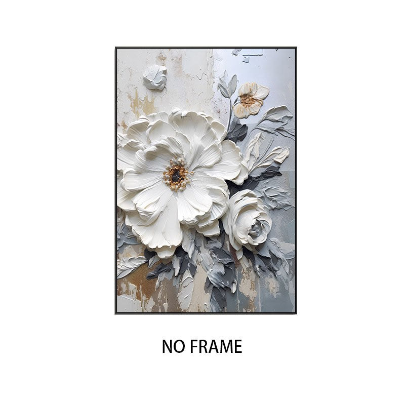 Pintura a óleo abstrato de flor branca impressa em tela, cartazes e relevo de f