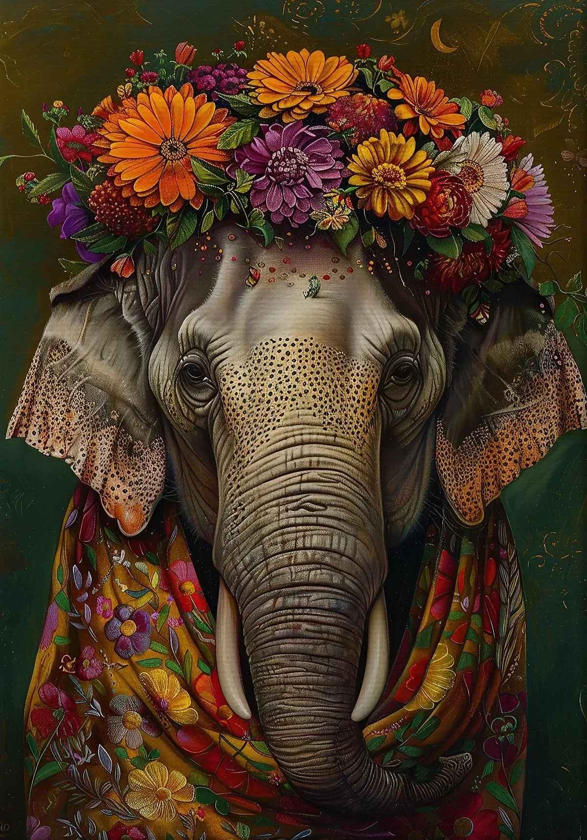 Estilo boêmio flor coroa animal retrato arte cartaz pavão leão lobo pintura