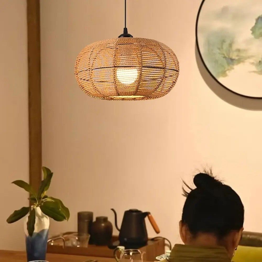 Pendente de Rattan Artesanal Estilo Zen Vintage - Instalação Fácil na Tomada (Plug-in) E27