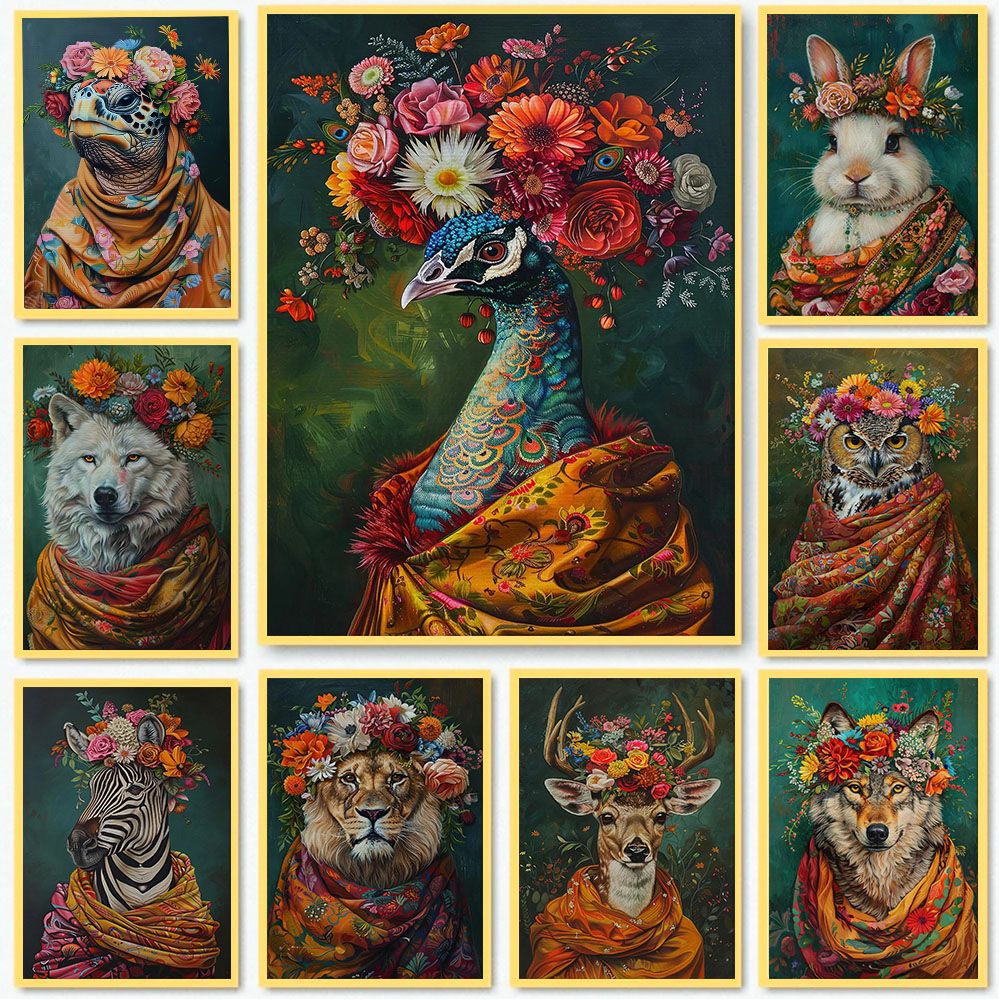 Estilo boêmio flor coroa animal retrato arte cartaz pavão leão lobo pintura