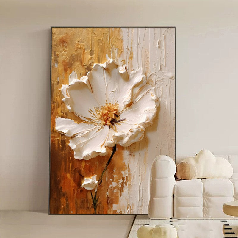 Pintura a óleo abstrato de flor branca impressa em tela, cartazes e relevo de f