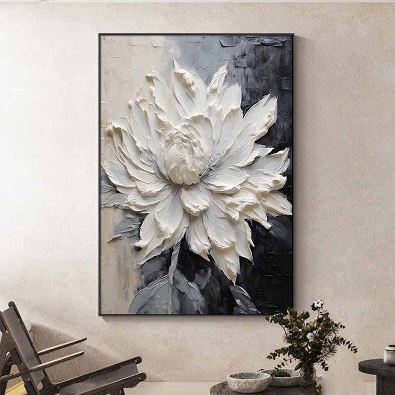 Pintura a óleo abstrato de flor branca impressa em tela, cartazes e relevo de f