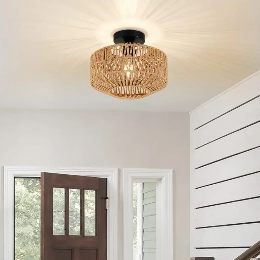 Pendente de Rattan Artesanal Estilo Zen Vintage - Instalação Fácil na Tomada (Plug-in) E27