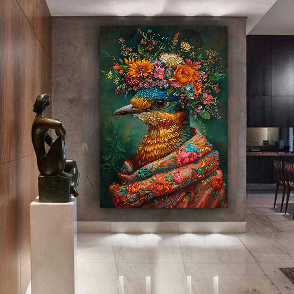 Estilo boêmio flor coroa animal retrato arte cartaz pavão leão lobo pintura