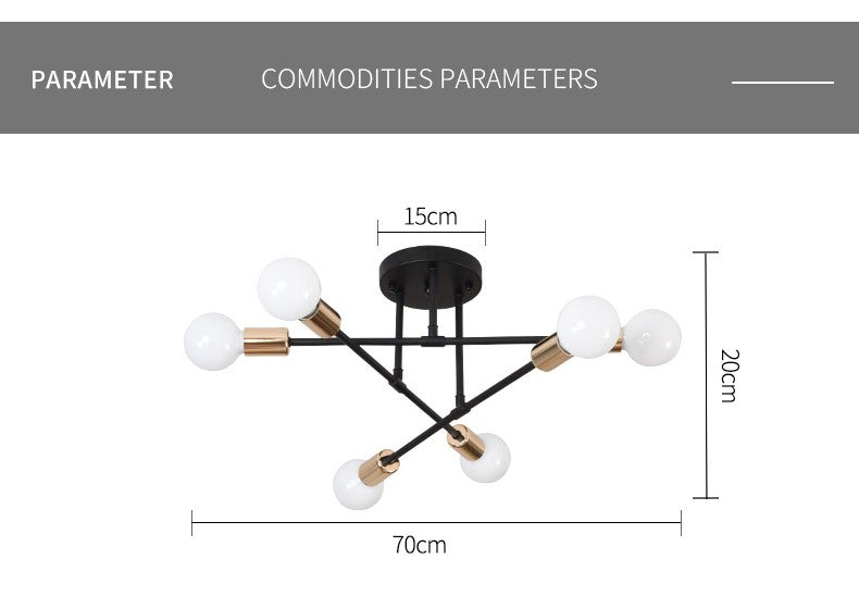 Lustre Industrial Moderno com 6 Braços - Estrutura em Ferro para Lâmpadas E27