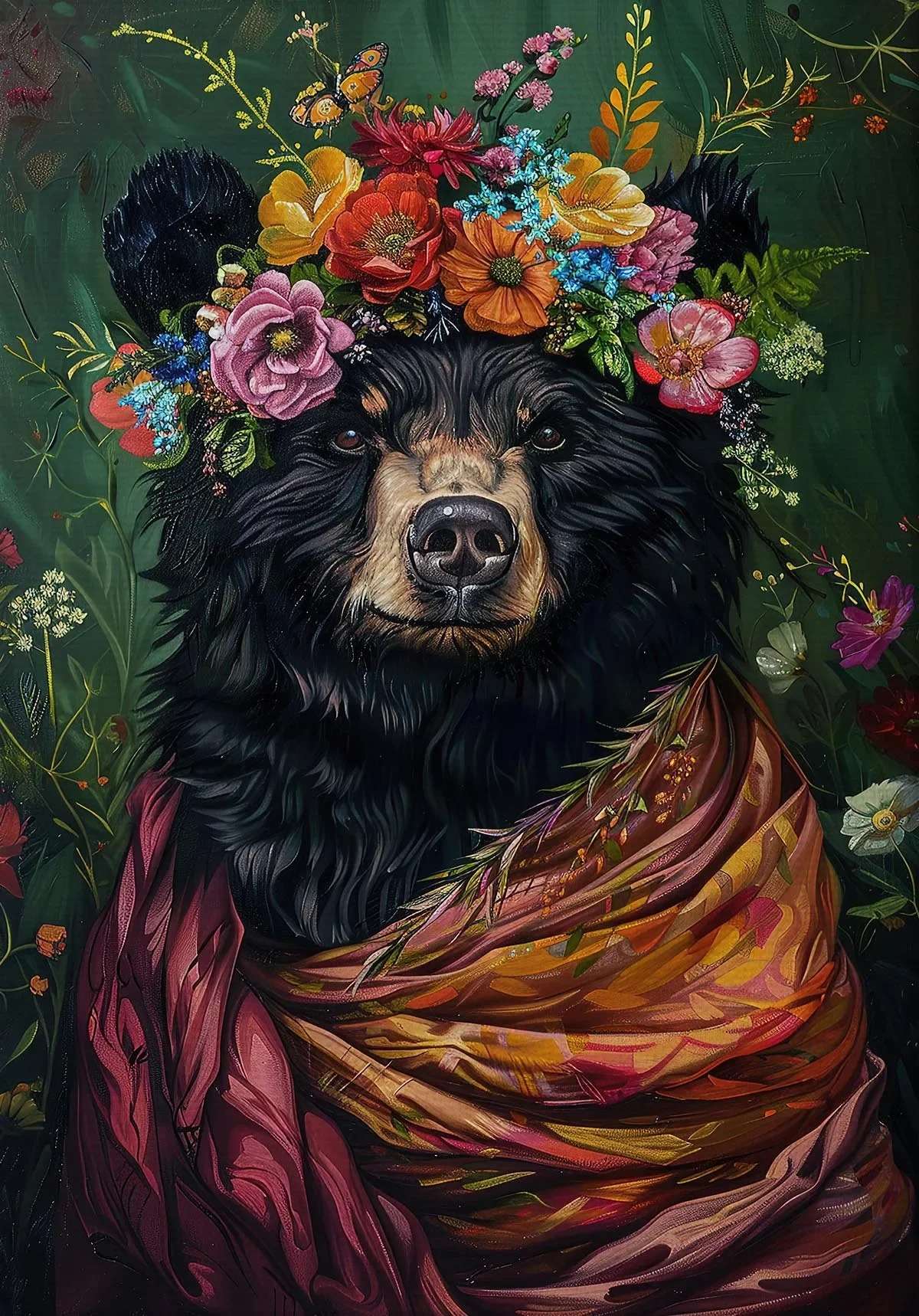 Estilo boêmio flor coroa animal retrato arte cartaz pavão leão lobo pintura