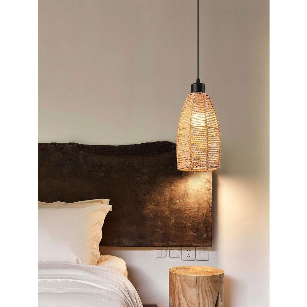Pendente de Rattan Artesanal Estilo Zen Vintage - Instalação Fácil na Tomada (Plug-in) E27