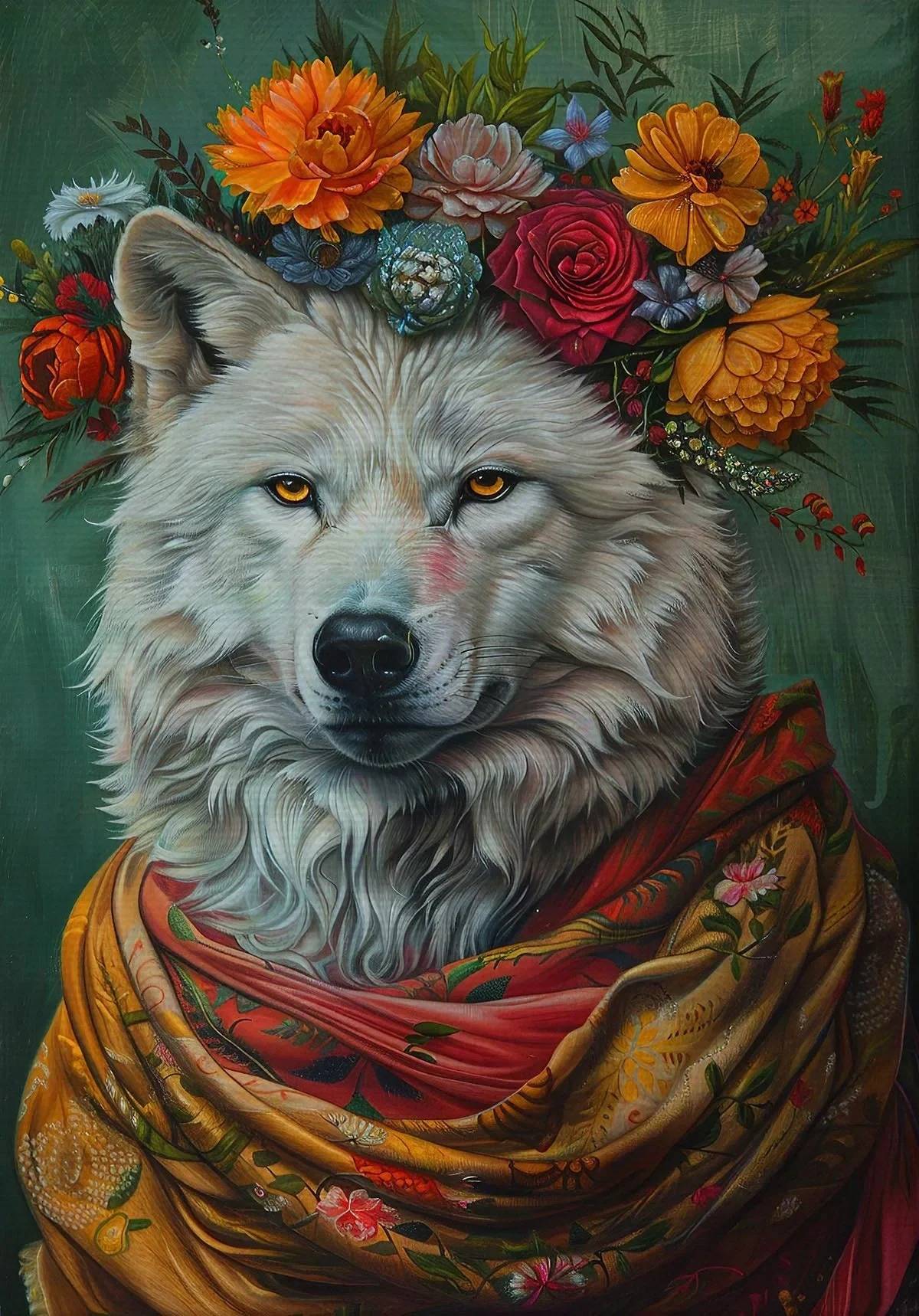 Estilo boêmio flor coroa animal retrato arte cartaz pavão leão lobo pintura