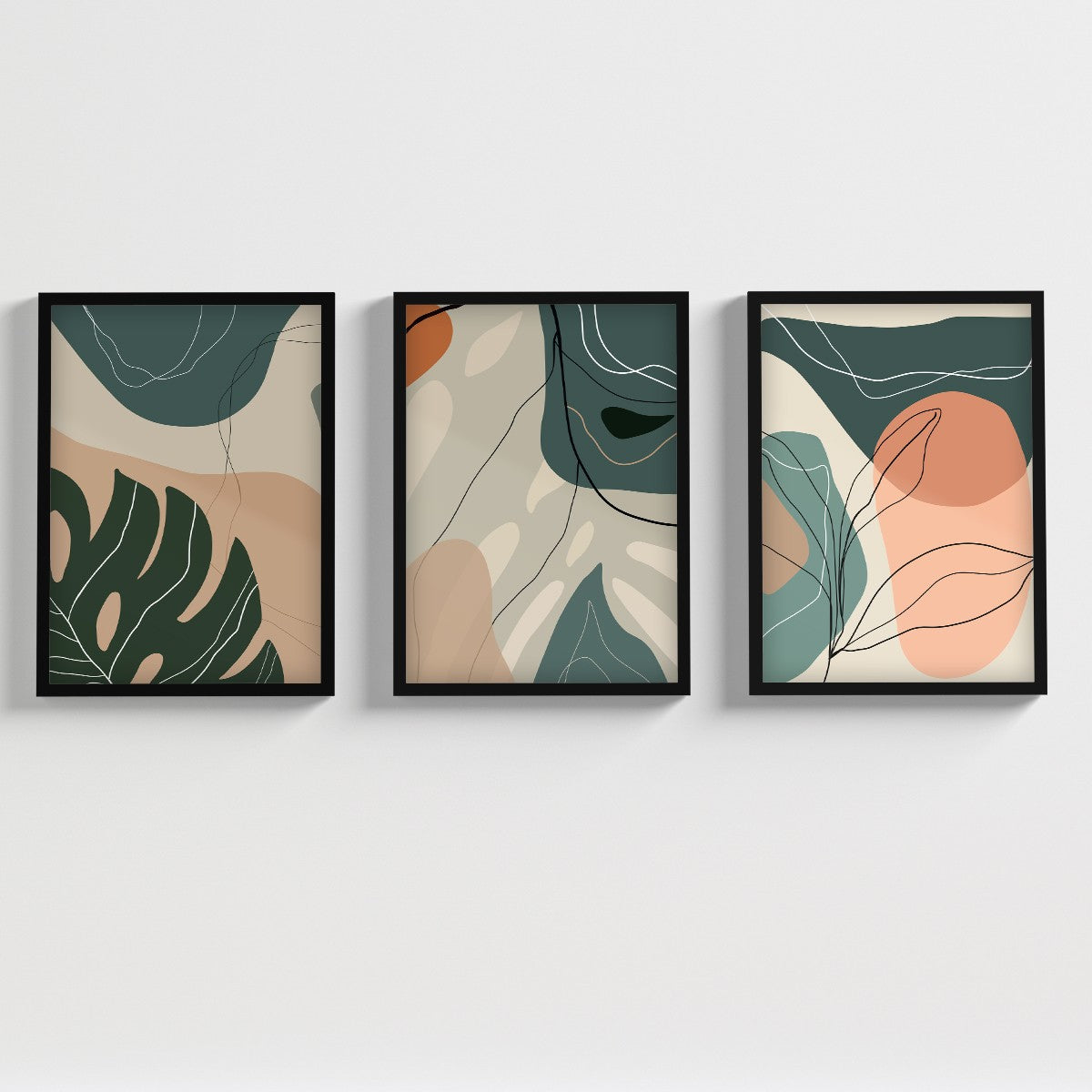 Kit Quadros Decorativos Abstrato Moldura Vidro Folhagem Sala