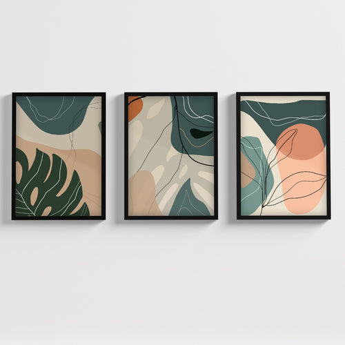 Kit Quadros Decorativos Abstrato Moldura Vidro Folhagem Sala