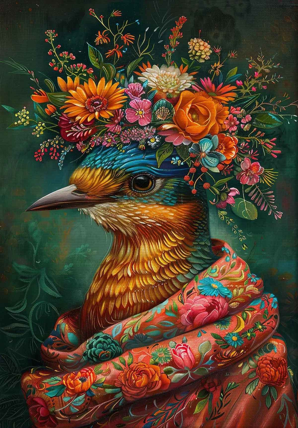 Estilo boêmio flor coroa animal retrato arte cartaz pavão leão lobo pintura