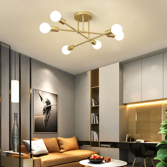 Lustre Industrial Moderno com 6 Braços - Estrutura em Ferro para Lâmpadas E27