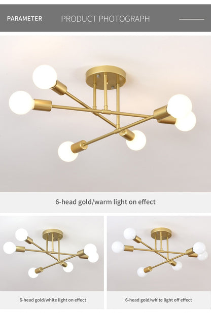 Lustre Industrial Moderno com 6 Braços - Estrutura em Ferro para Lâmpadas E27