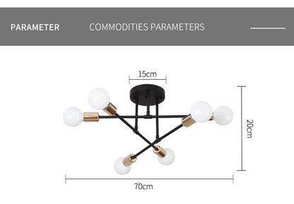 Lustre Industrial Moderno com 6 Braços - Estrutura em Ferro para Lâmpadas E27