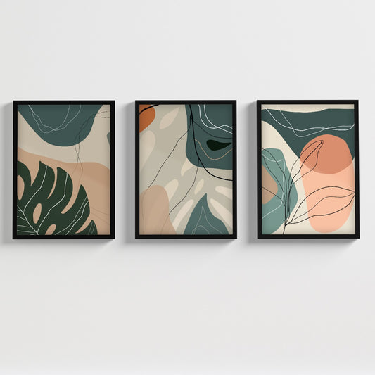 Kit Quadros Decorativos Abstrato Moldura Vidro Folhagem Sala